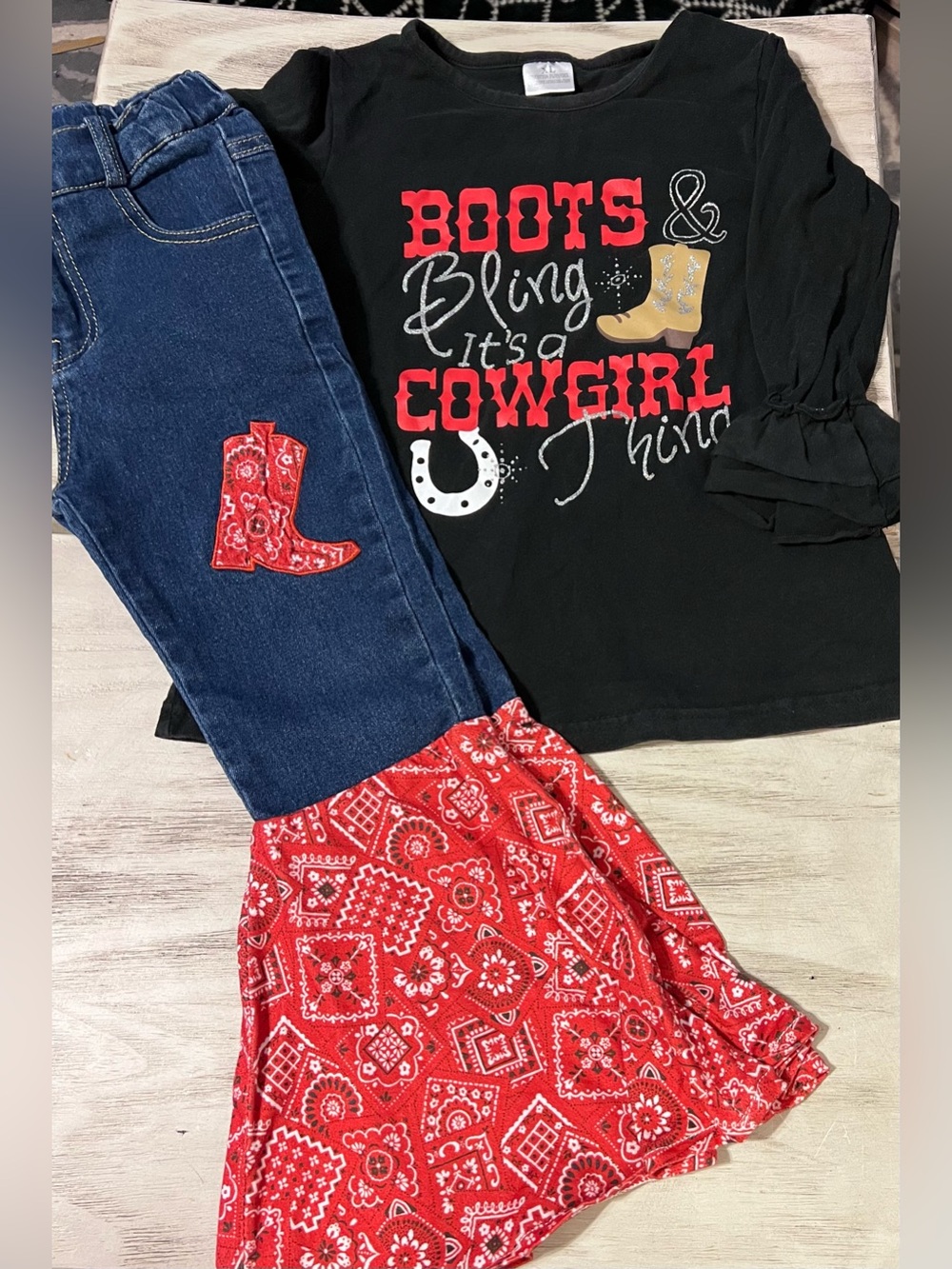 Girls 5/6 Cowgirl Outfit Bell Bottom Jeans Boots & Bling Western Set